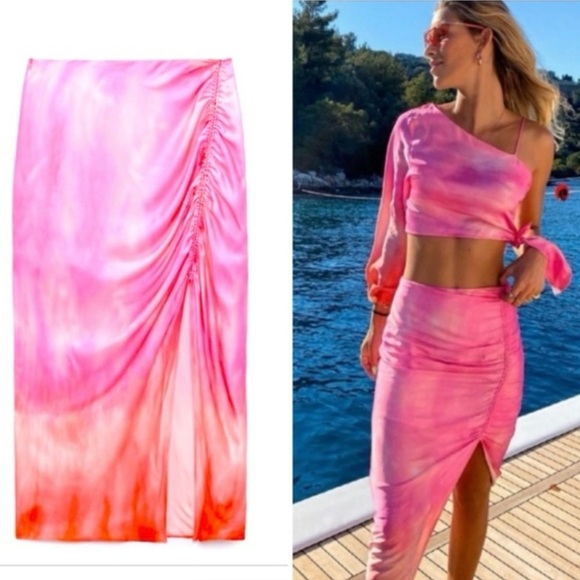 Zara draped tie dye pink midi skirt size M - Picture 1 of 10